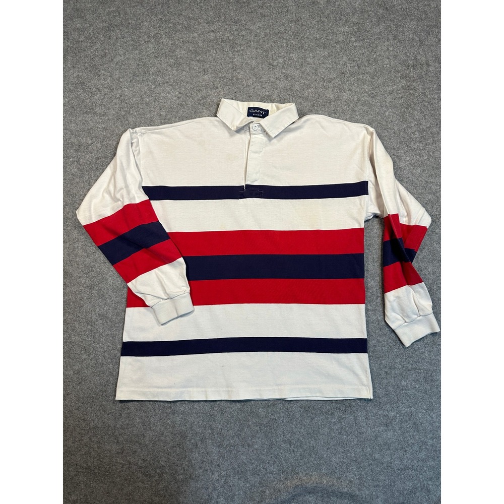 Gant Rugger Rugby Polo Shirt Large White Red Blue Striped Cotton Made in USA